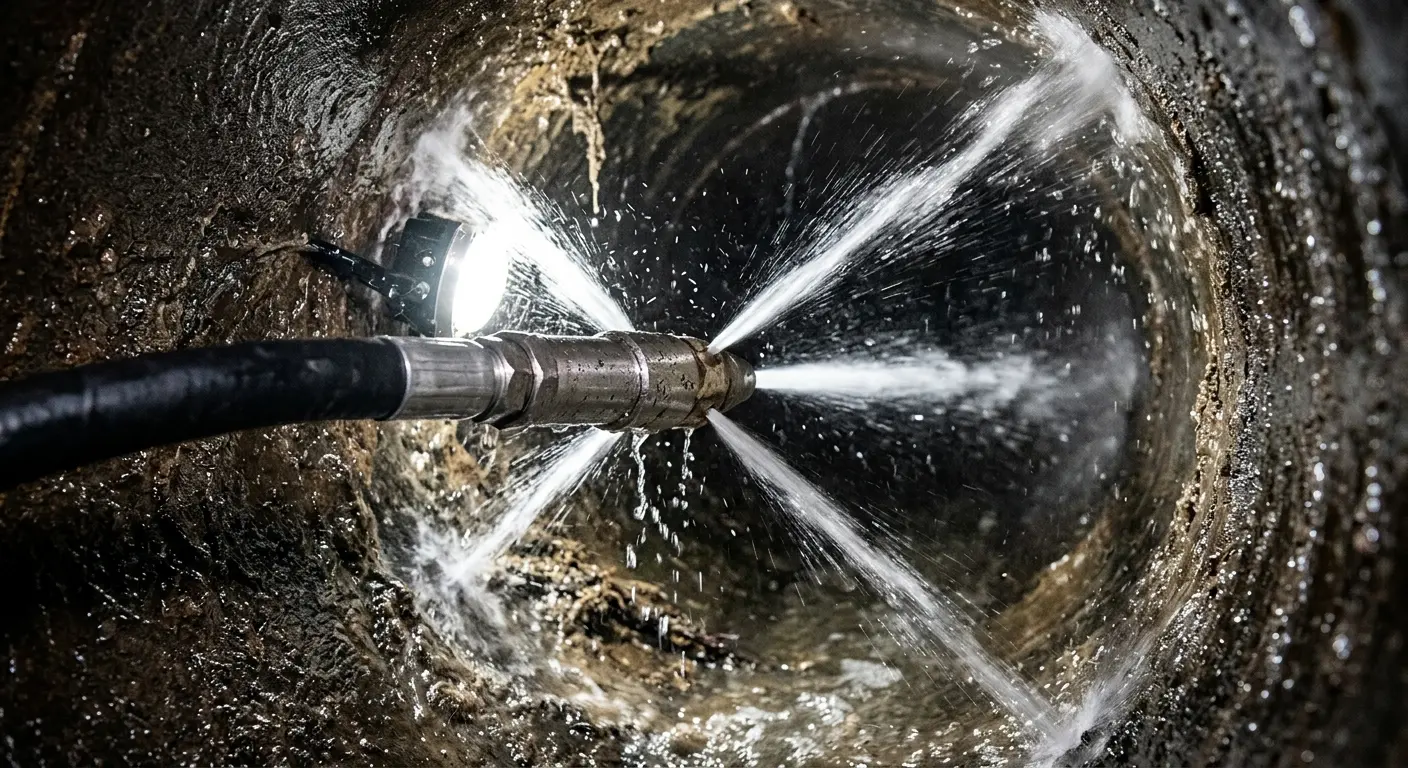 High-pressure hydro jetting nozzle cleaning sewer pipe for Trenchless Sewer Repair in Culver City