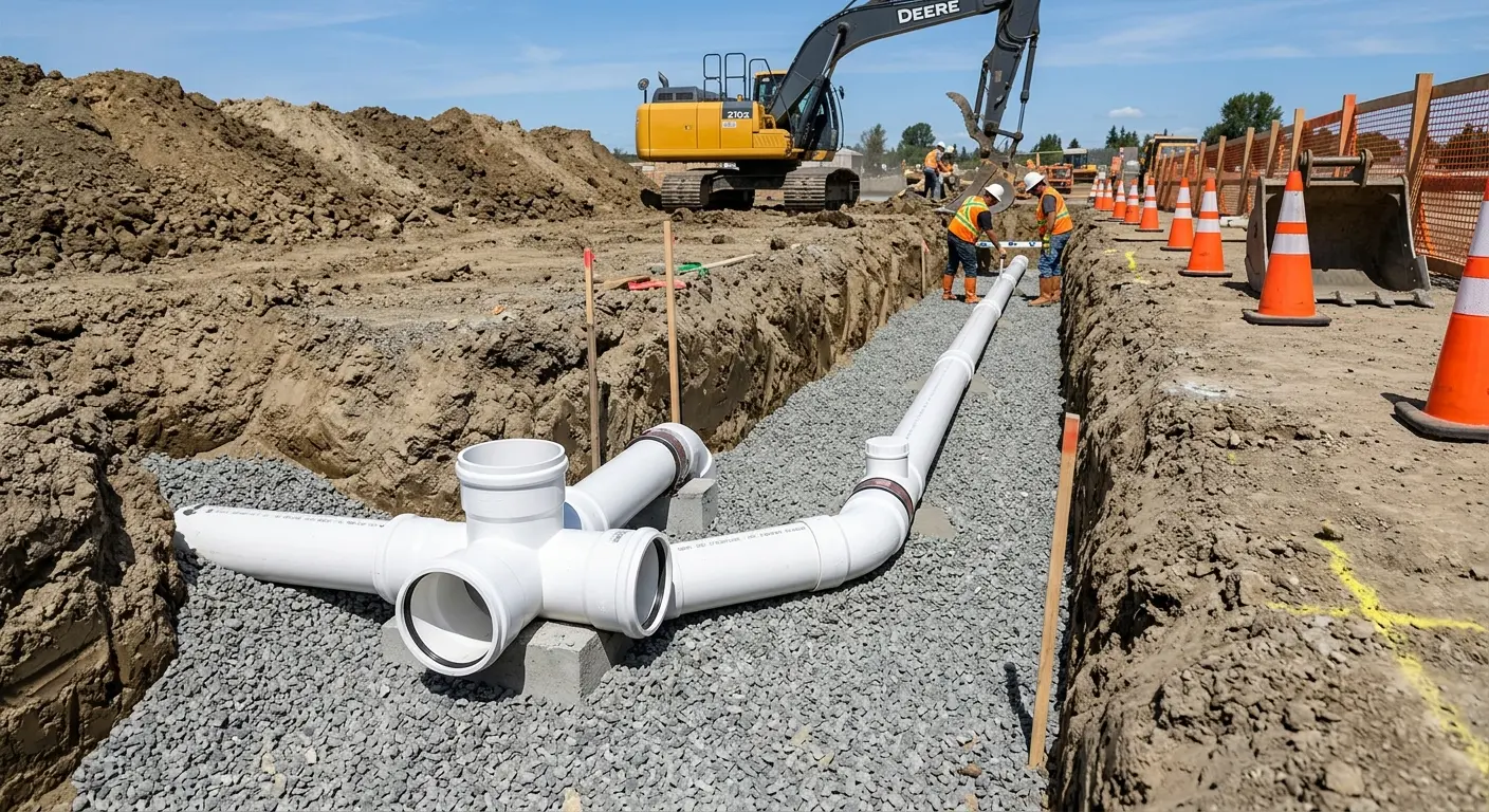 New PVC sewer pipe installation in open trench for Sewer Backup in Culver City