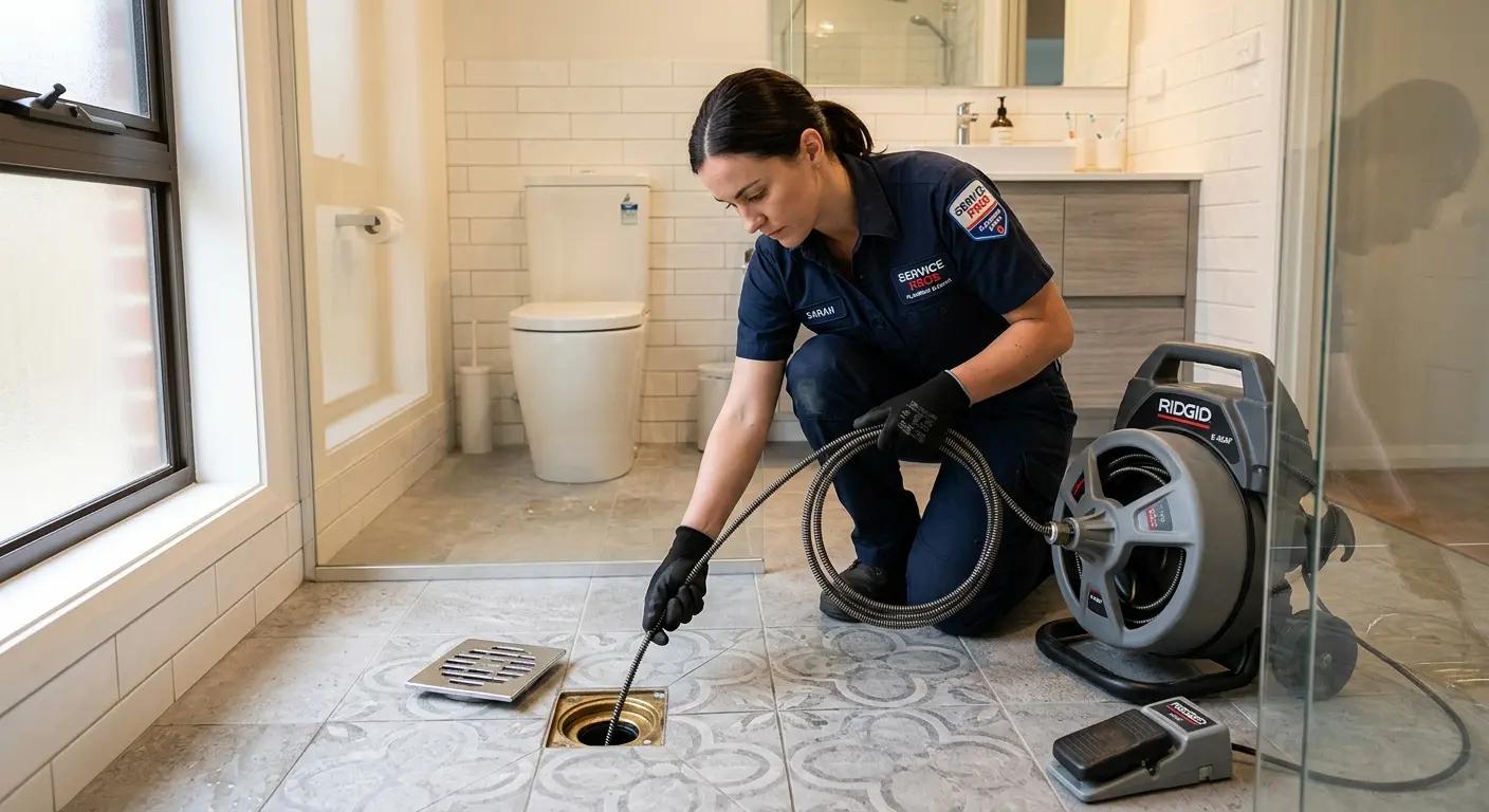 Technician clearing a bathroom floor drain for Sewer Line Replacement in Culver City